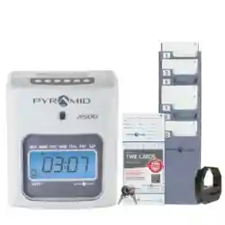 2500 Auto Aligning and Top Loading Time Clock, 100 Time Cards, Ribbon, Security Keys, and Card Rack Bundle